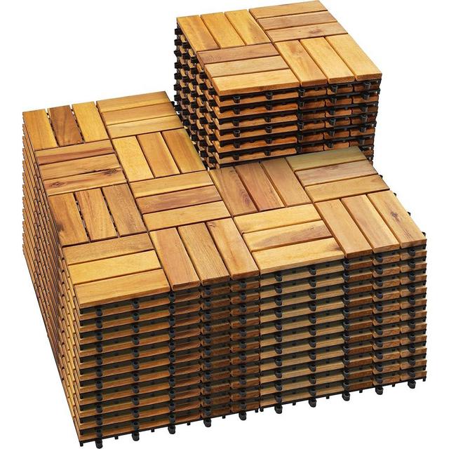 PrimeZone 54 PCS FSC Certified Acacia Wood Interlocking Patio Deck Tiles - 12" x 12" Indoor Outdoor Waterproof Flooring Tiles for Balcony, Backyard & Poolside, All Weather Use, Natural Wood, Checker