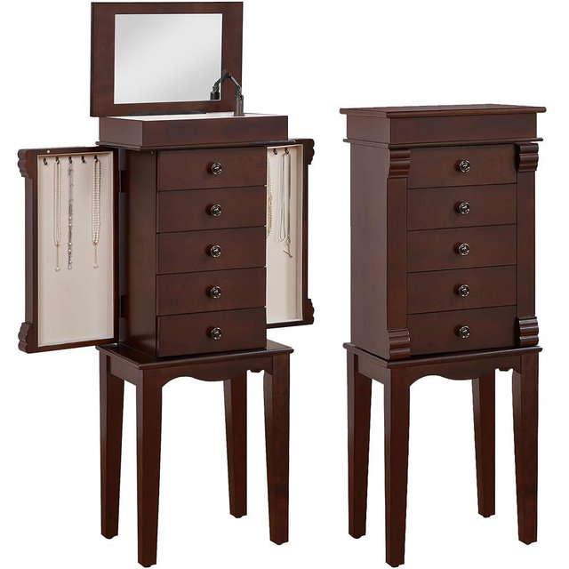 BOUQUETYZ Standing Jewelry Armoire Cabinet Storage Chest with 5 Drawers, Top Divided Jewelry Organizer with Makeup Mirror, 2 Side Doors, 10 Necklace Hooks – Wooden Jewelry Armoire for Women (Walnut)