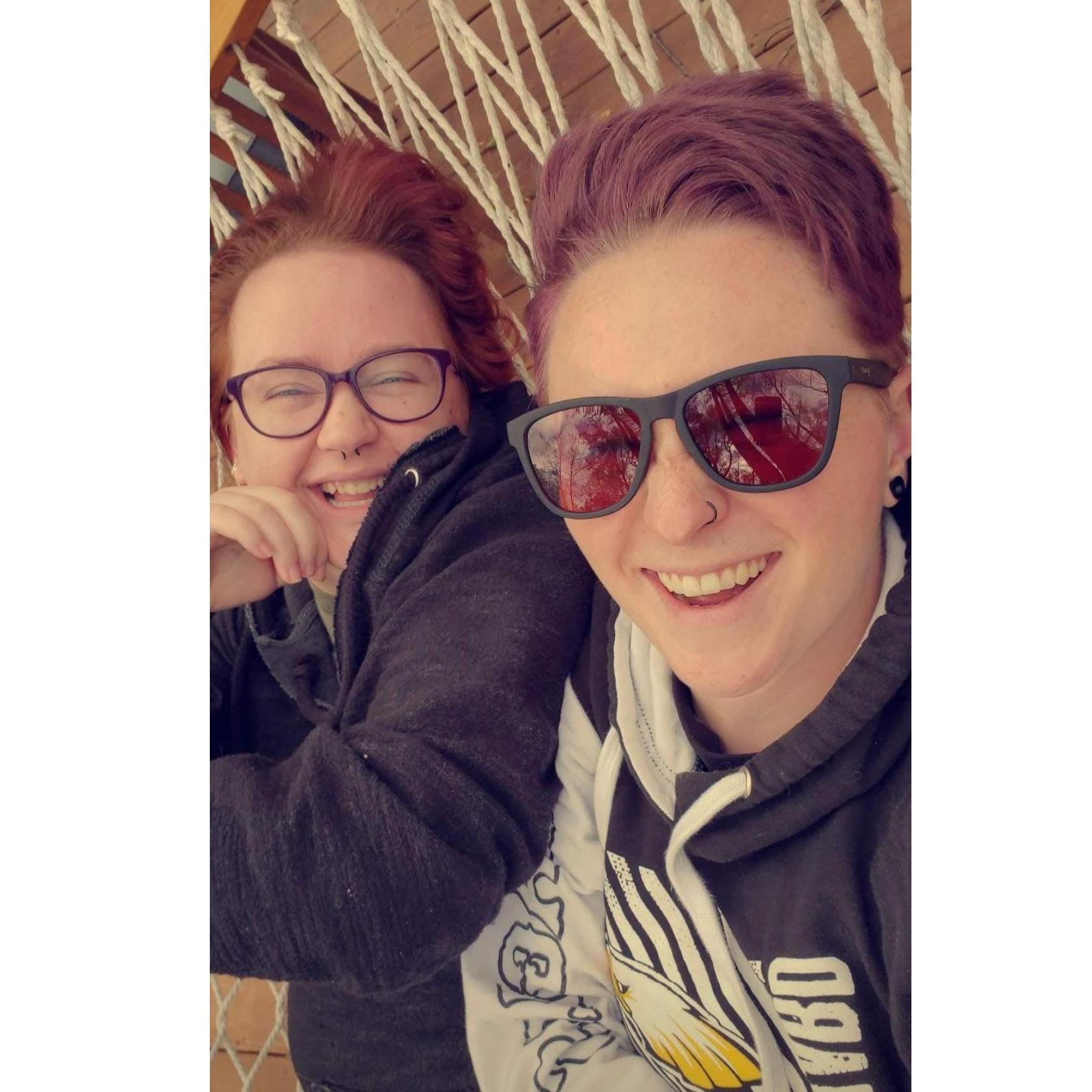 This is a Snapchat of us in a hammock.