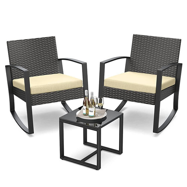 Qsun 3 Pieces Porch Furniture Set Patio Rocking Bistro Set Outdoor Patio Chairs Rattan Conversation Sets with Coffee Table for Front Porch Garden Balcony Backyard Poolside (Beige Cushion)