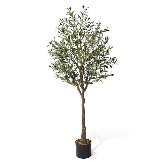 Fencer Wire Artificial Olive Tree, 5/6 / 7 Feet Fake Potted Topiary Tree with Dried Moss, Faux Olive Branch and Fruit, Faux Plant in Pot for Indoor Home Office Modern Decoration Housewarming Gift