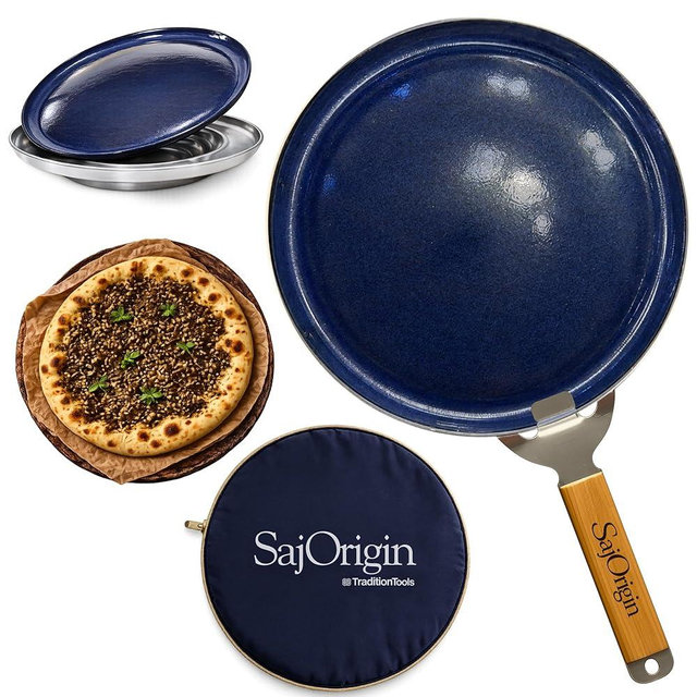 Lebanese Stove Top Saj Bread Maker with Pouch and Spatula, Portable Saj Pan for Lebanese Flat Bread, Zaatar Manoushe, Saj Tawa