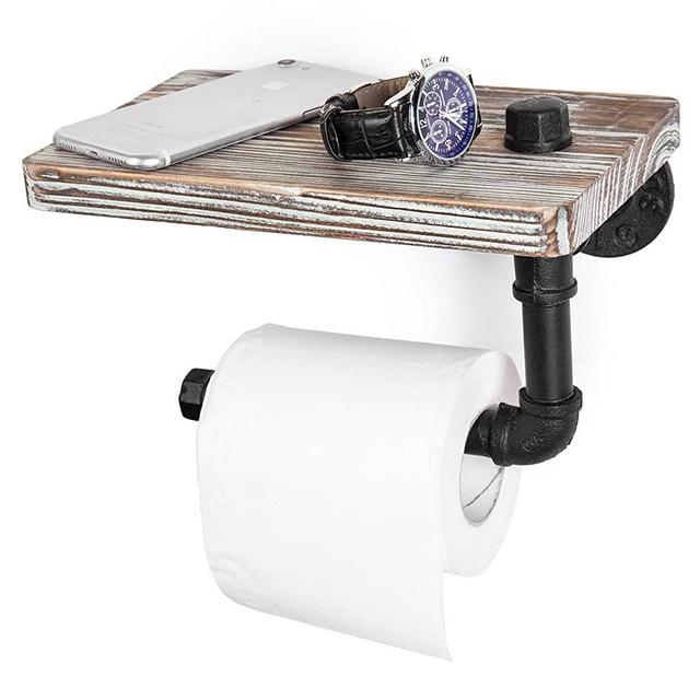 MyGift Industrial-Style Wall-Mounted Pipe Toilet Paper Holder with Shelf