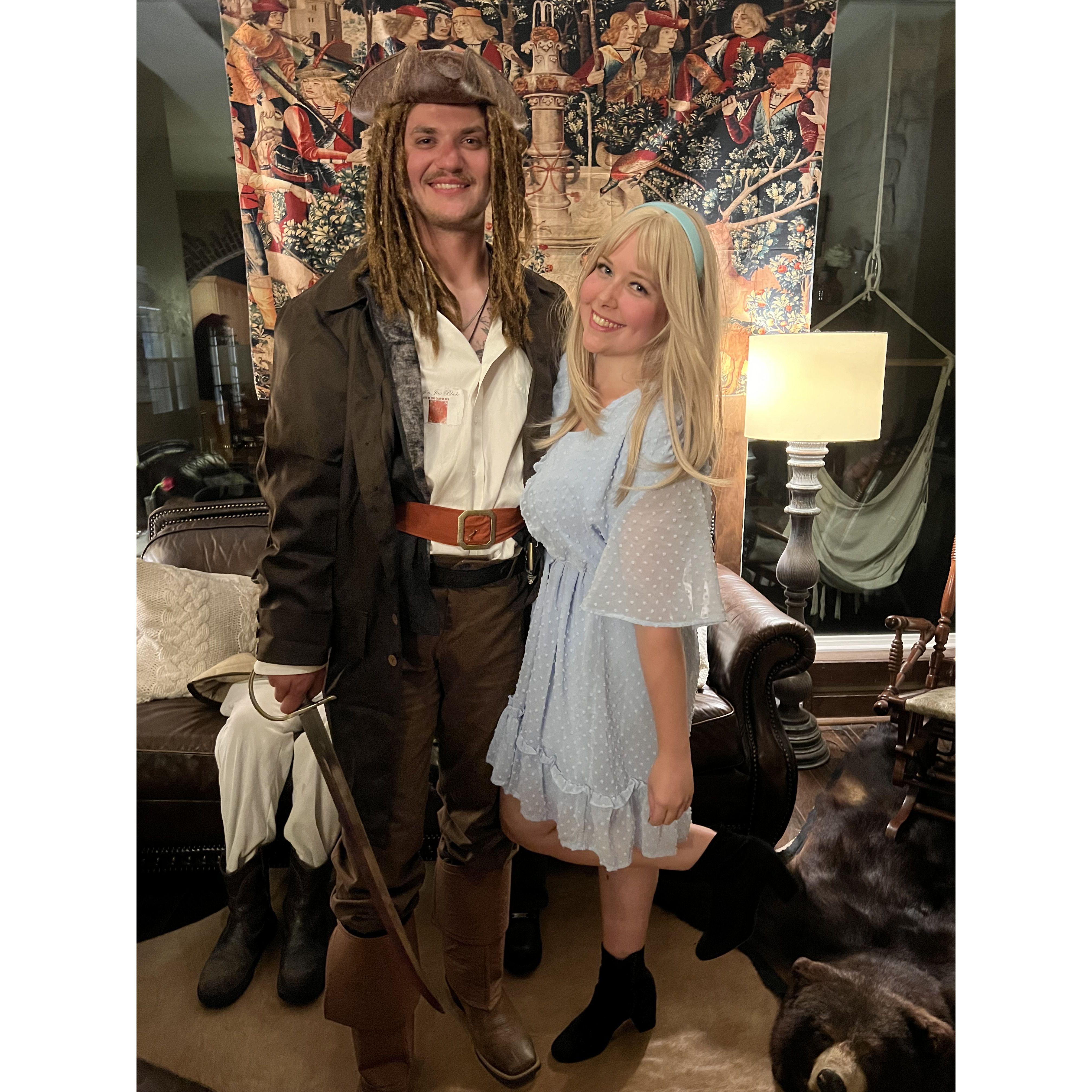 We went to a murder mystery party for our friend Caitlin's birthday and dressed up as Jack Sparrow and Alice in Wonderland.