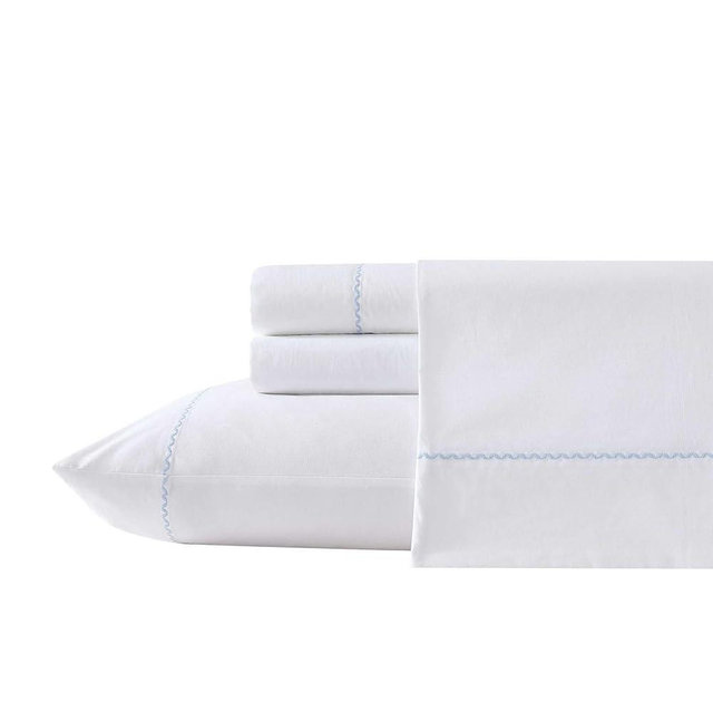 Laura Ashley - Sheet Set, Breathable Cotton Percale Bedding with Matching Pillowcases, Soft Home Decor (Scallop Blue, Queen)