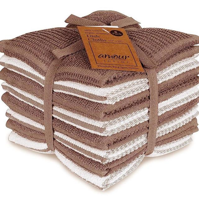 AMOUR INFINI Terry Dish Cloth | Set of 8 | 12 x 12 Inches | Durable, Super Soft and Absorbent |100% Cotton Dish Rags | Perfect for Household and Commercial Uses | Brown