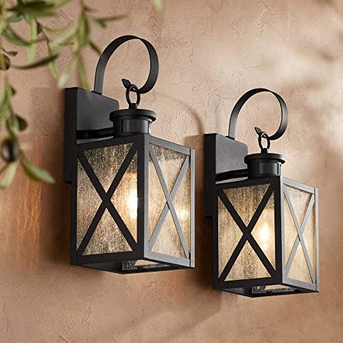 Welling Vintage Outdoor Wall Light Fixtures Set of 2 Carriage Style Textured Black 14 1/2" Clear Seedy Glass Dusk to Dawn Motion Sensor for Exterior House Porch Patio Deck - John Timberland