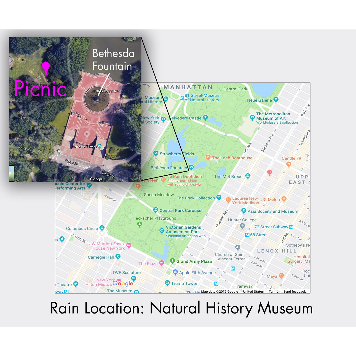 We will meet just west of the Bethesda fountain.