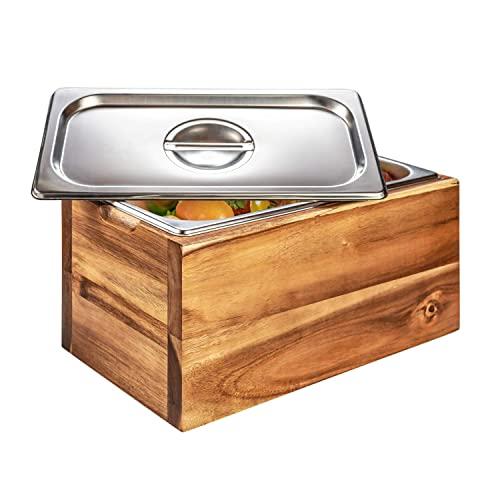 BelleMark Kitchen Compost Bin- 1.6 Gal Smell-Proof, Rust-Proof Stainless Steel Insert, Countertop Compost Bin with Lid and Acacia Wood Box - Indoor Compost Bin for Kitchen Countertop
