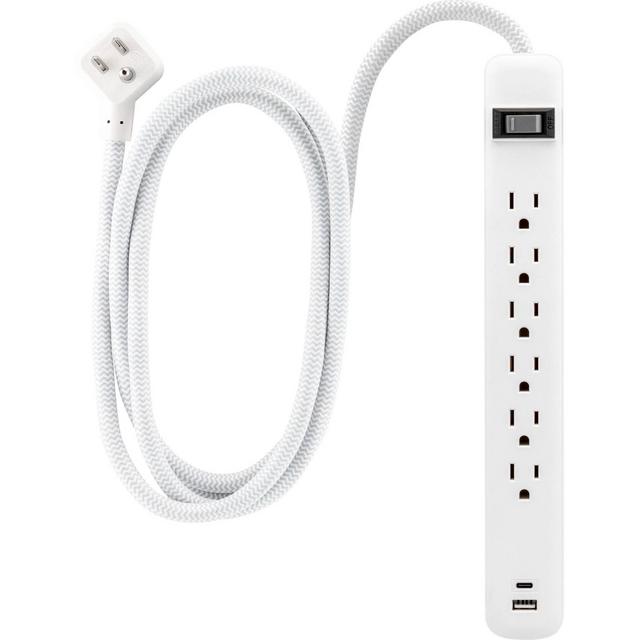 GE 6-Outlet Power Strip 1 USB-A 1 USB-C 15W Shared 6' Braided Cord White