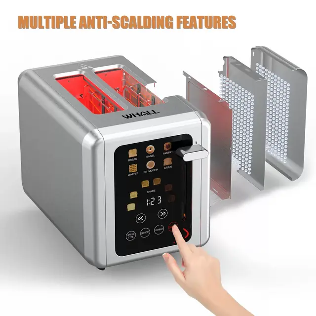 WHALL 2 Slice Toaster, Touchscreen Toaster with 6 Bread Types 6 Shade Settings, Stainless Steel Toaster.