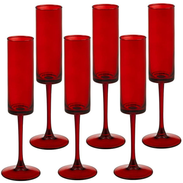 6 Pieces Red Champagne Flutes 6 OZ Straight Sided Wine Glasses Champagne Long Stem Drinking Colored Glasses,Set of 6 Hand Blown Champagne Flutes Goblets for Wedding Cocktail Cups,Cava, Prosecco
