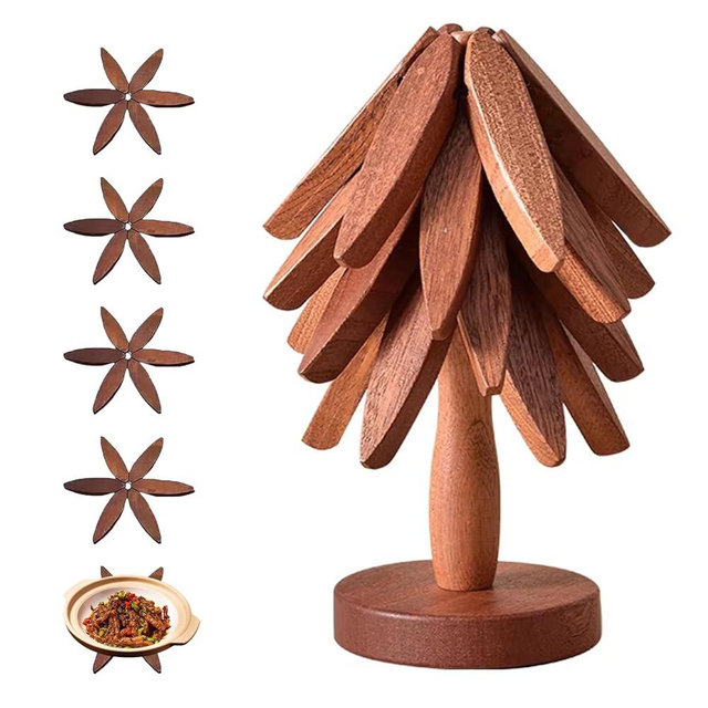 Wooden Trivets for Hot Dishes, Tree Shape Trivet Set, for Hot Dishes, Pot, Bowl, Teapot, 5 Wooden Trivets+1 Stand, Like a Christmas Tree, Natural Foldable Kitchen Wooden Trivet (Walnut Wood)