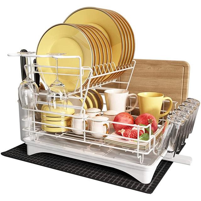 Large Dish Drying Rack with Drainboard Set, Qienrrae Stainless Steel Dish Rack with Drainage, Wine Glass Holder, Utensil Holder and Extra Dryer Mat, 2 Tier Dishes Rack for Kitchen Counter, White