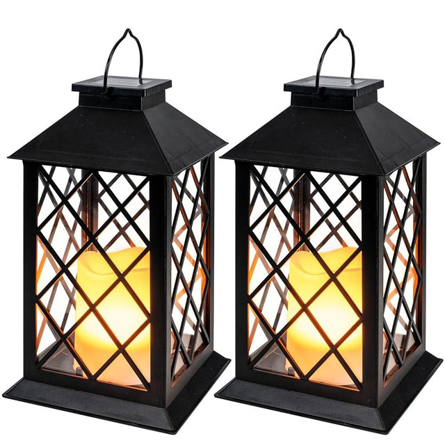 Homemory Solar Lanterns Outdoor Waterproof Hanging with Flickering Flameless Candles, 2 Pack 13'' Garden Outdoor Lantern Decorative for Patio Front Porch Backyard Balcony Cabin Outside Table(Black)