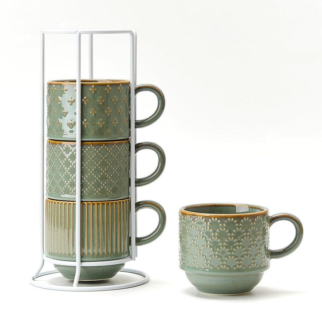 JIEMEI HOME Large Ceramic Coffee Mug Set of 4 with Stand, 15 Oz Stackable Embossment Ribbed Latte Cup Set for Cappuccino, Latte, Tea, Hot Cocoa, Drinks - Dishwasher & Microwave Safe, Vintage Turquoise