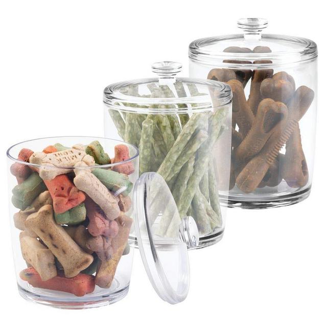 mDesign Tall Plastic Pet Storage Canister Jar with Lid - Holds Dog/Puppy Food, Treats, Toys, Medical, Dental and Grooming Supplies - Medium - 3 Pack - Clear