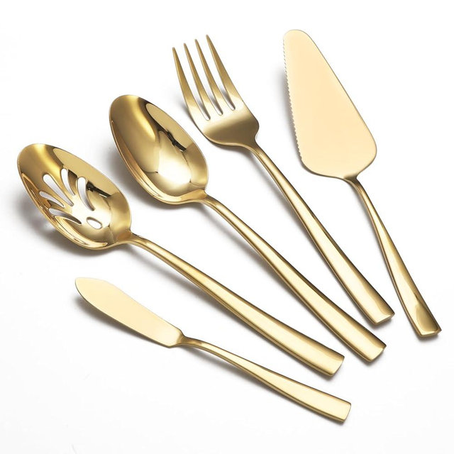 Large Hostess Serving Utensils Set, Stainless Steel Heavy Duty Serving spoons, Slotted Spoons, Serving Fork, Cake Server, Butter Knife, Dishwasher Safe (Gold)