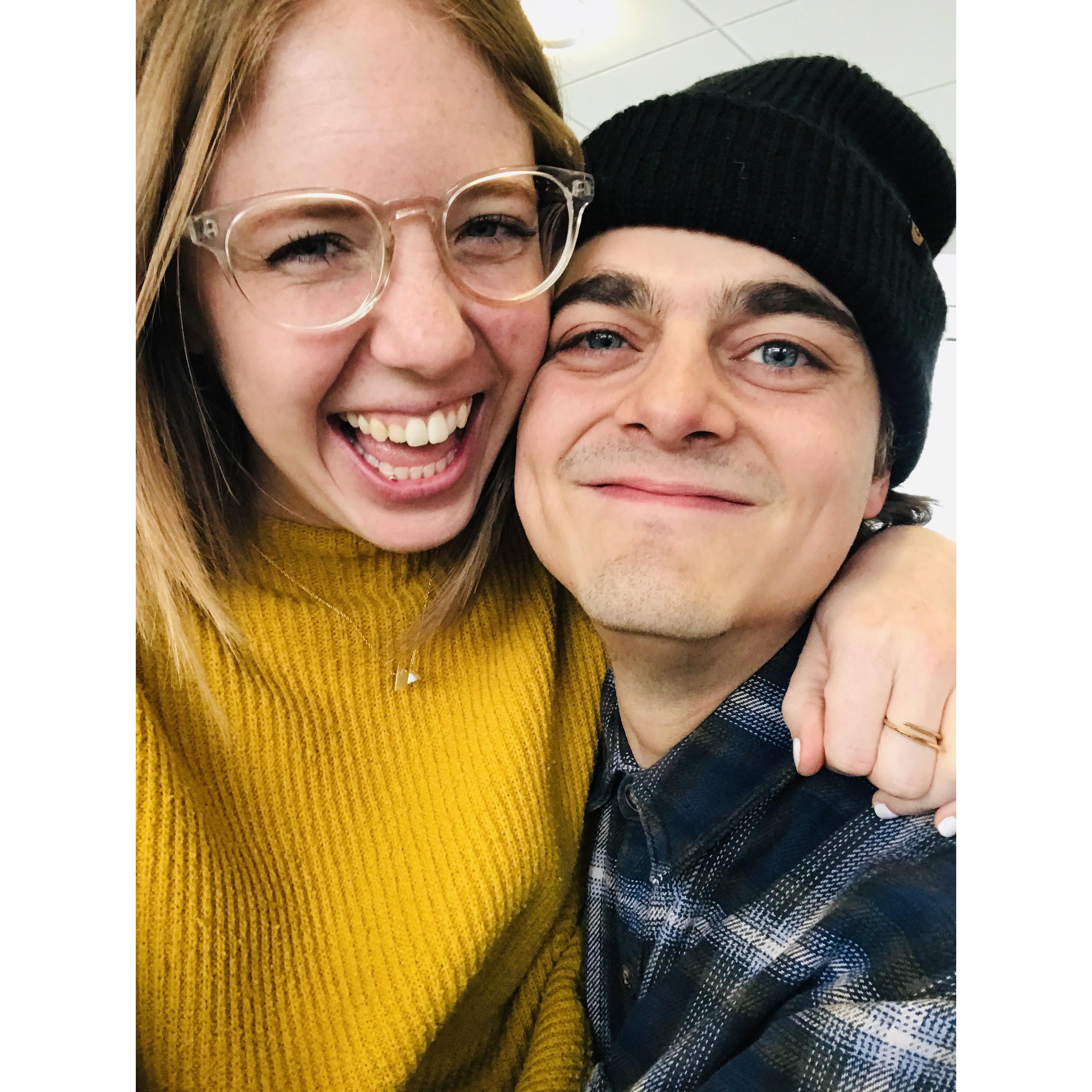 The day Aaron flew out & surprised Tay at work in Chicago!