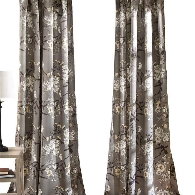 Lush Decor Botanical Garden Curtains Floral Bird Print Light Filtering Window Panel Drapes Set for Living, Dining, Bedroom (Pair), Gray, 52"W x 95L"