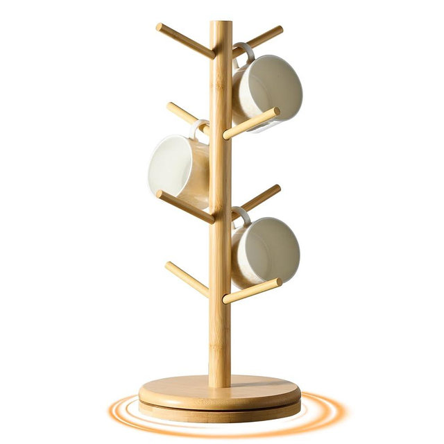 AUGOHCMIL Mug Holder Tree, 360° Rotating Coffee Cup Rack with 8 Hooks, Bamboo Mug Organizer Stand for Countertop, Kitchen and Coffee Bar Accessories, Space-Saving Home Decor (Natural)