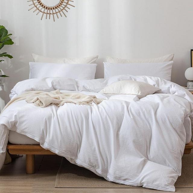 MooMee Bedding Duvet Cover Set 100% Washed Cotton Linen Like Textured Breathable Durable Soft Comfy (Bright White, Cal King)