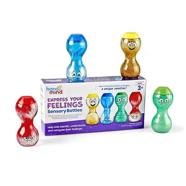 hand2mind Express Your Feelings Sensory Bottles, Calm Down Corner Essentials, Sensory Toys for Sensory Play, Play Therapy Toys, Calming Toys for Kids with Anxiety, Mindfulness Toys (Set of 4)