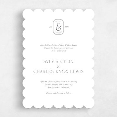 White Scalloped Wedding Invitation - Bayeux Portrait