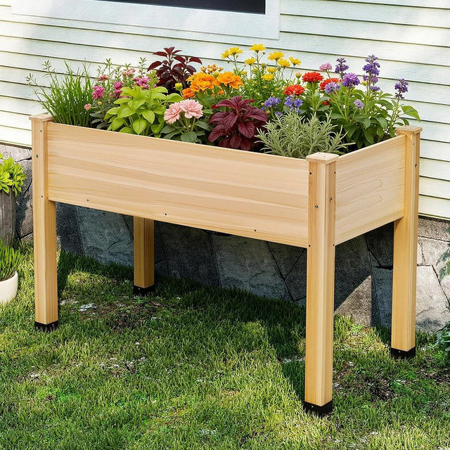 AMERLIFE Raised Garden Bed, 48x30x24 Inches Elevated Wood Planter Box with Legs, Bed Liner, Divider and Drainage Holes for Backyard, Patio, 200 lb Capacity - Light Wood