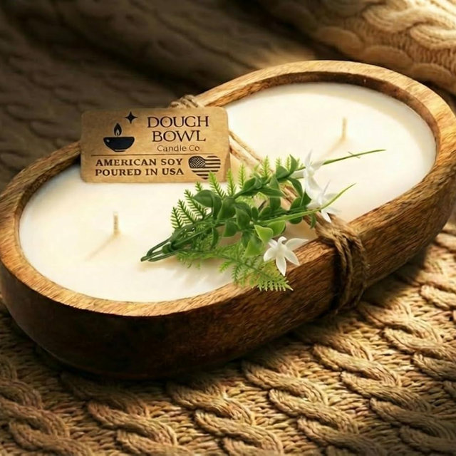 Dough Bowl Candle Co. Honeysuckle Jasmine Soy Candle - 3 Wick Rustic Farmhouse Coffee Table Decor, Odor Eliminator in Wooden Bowls, 20 Oz Wooden Dough Bowl Candle, All-Natural Gifts for Women or Men