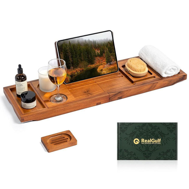 Realgulf Teak Bathtub Tray, Bath Caddy with Wine Glass Holder, Phone Dock & Book Stand | Hands-Free Reading & Ultimate Spa Relaxation Experience-Natural
