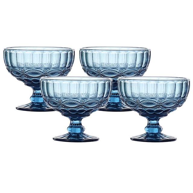 VanEnjoy Deep-blue Vintage Pressed Pattern Glass Ice Cream Cups/Dessert Bowls - Set of 4,12 Oz