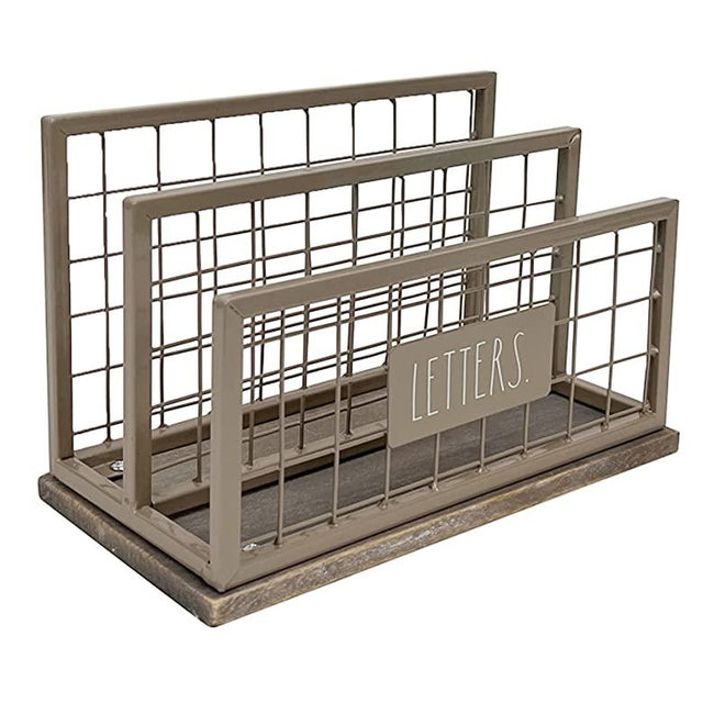 Rae Dunn Desktop Letter Holder – 2 Compartment Mail and Stationary Table Top Organizer – Chic and Stylish Steel and Solid Wood - “Letters” Print - for Home and Office