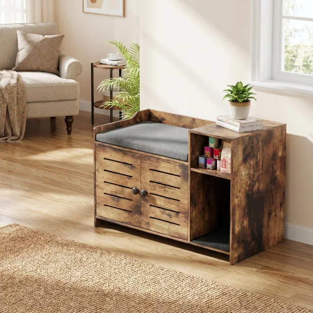 Farmhouse Cat Litter Box Enclosure Furniture, Wooden Hidden Cabinet with Mat Pad & Storage Shelf, Modern Enclosed Litter Box for Hallway & Bedroom