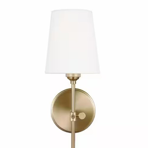 Generation Lighting Baker 5.5 in. 1-Light Satin Brass Wall Sconce With White Linen Fabric Shade 4187201-848