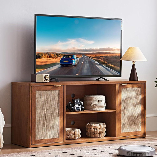 LEYAOYAO Rattan TV Stands for Living Room, Boho TV Cabinet with Storage and Open Shelf, Rustic Wood Entertainment Center, Media Console for 50-65 Inch TV, Tea Brown