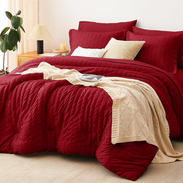 CozyLux King Size Comforter Set Dark Red Seersucker 7 Pieces Bed in a Bag King Comforter Set with Sheets, Luxury Bedding Sets with Down Alternative Comforter, Sheets, Pillowcases & Shams All Seasons