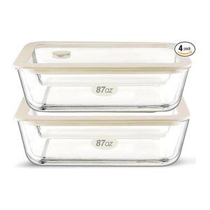 Urban Green Glass Food Container Set with Glass Lid, Large Meal Prep Container Set, Airtight Food Storage Containers with Air Vent Lid, 2 Pack, Large, 87oz, LeakProof, 100% Plastic Free, White color,