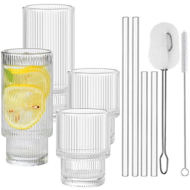 ALINK Ribbed Drinking Glasses with Glass Straws 4pcs Set, Stackable Vintage Ripple Glass Cups, Ridged Glassware, Iced Coffee Glasses for Cocktail, Beer, Water - 2 Cleaning Brush (11 oz. /7 oz.)