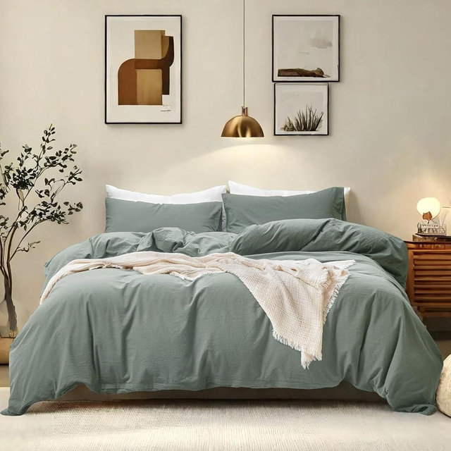 FOSSA Duvet Cover Set 100% Washed Cotton Linen Feel Super Soft Breathable Cozy Simple Style 3 Pieces Bedding Sets Solid Heathered Green Queen