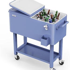 Haze Blue VINGLI 80 Quart Rolling Ice Chest, Portable Patio Party Bar Drink Cooler Cart, with Shelf, Beverage Pool with Bottle Opener