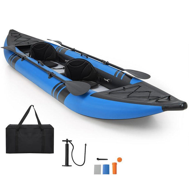 GYMAX Inflatable Kayak, 12.5Ft 507lbs Tandem Kayak with 2 Aluminum Paddles, 2 Padded Seats, Footrests, 2 Fins, Hand Pump, Carry Bag & Repair Kit, 2 Person Fishing Touring Kayak for Adults Youth