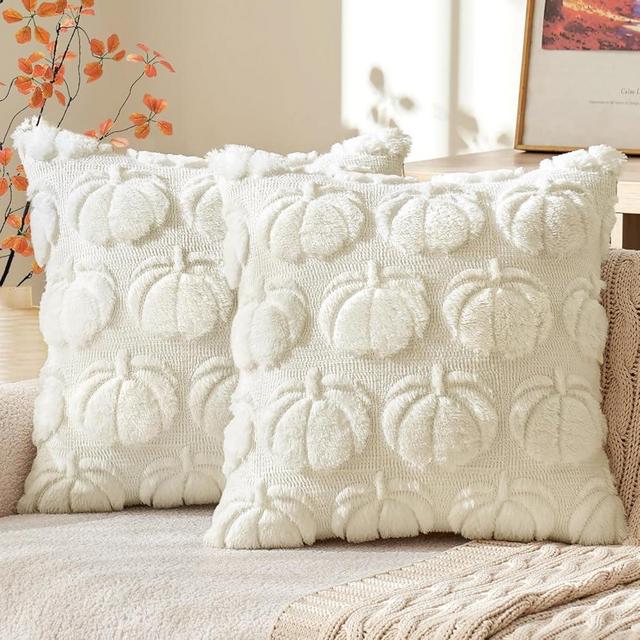 MIULEE Fall Throw Pillow Covers 18 x 18 Decorative Pumpkin Pattern Pillow Covers Soft Plush Faux Wool Couch Pillow Covers for Home, Set of 2,Cream White
