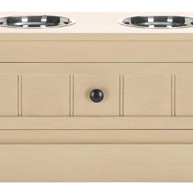 SAFAVIEH Home Collection Boomer Natural Brown Elevated Pet Feeder Dog Bowl Stand with Drawer (Fully Assembled)