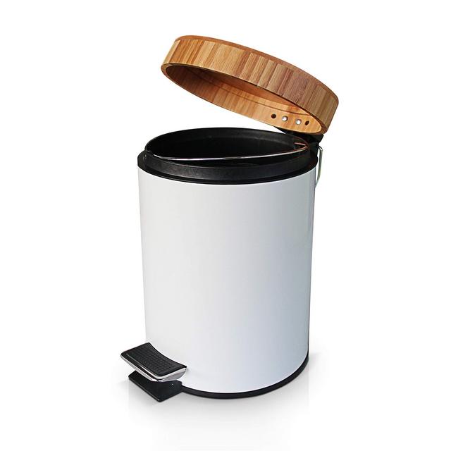 VORZAVARRI 3 Litre/0.8 Gallon Small Compact Round Metal Trash Can, Garbage Bin with Soft Closing Bamboo Lid, Removable Inner Wastebasket, Foot Pedal – for Bathroom, Kitchen, Home Office.