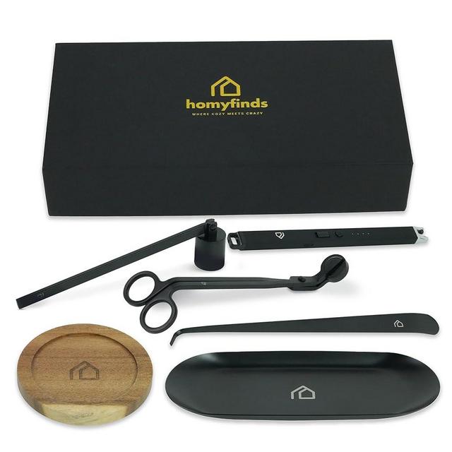Homyfinds Candle Accessory Set 5 in 1 Candle Care Kit with Candle Wick Trimmer, Wick Dipper, Candle Snuffer, Rechargeable Candle Lighter & Metal Tray - Luxury Gift Box for Candle Lovers (Matte Black)