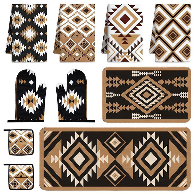 Vetoxka 10 Pcs Western Aztec Kitchen Decor and Accessories Set 4 Kitchen Dish Towels 2 Pot Holders 2 Oven Mitts 2 Rugs for Floor Home Decorations Cooking Baking Mom Daughter Gifts Black White Brown