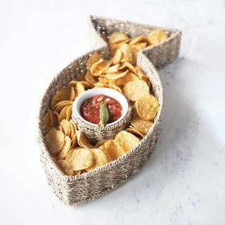 Hand-Woven Seagrass Fish Shaped Ceramic Bowl, Set of 2