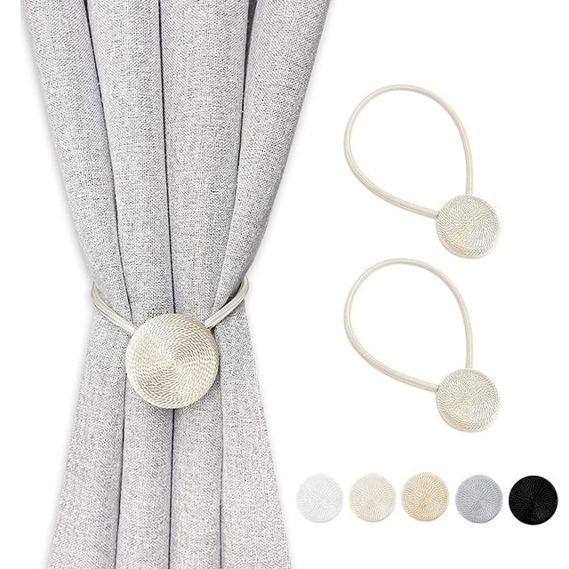 Gatlei Magnetic Curtain Tiebacks Boho Outdoor Curtains Holdbacks for Drapes Sheer Curtains Round Rope Curtain Ties Holders Set of 2, Beige