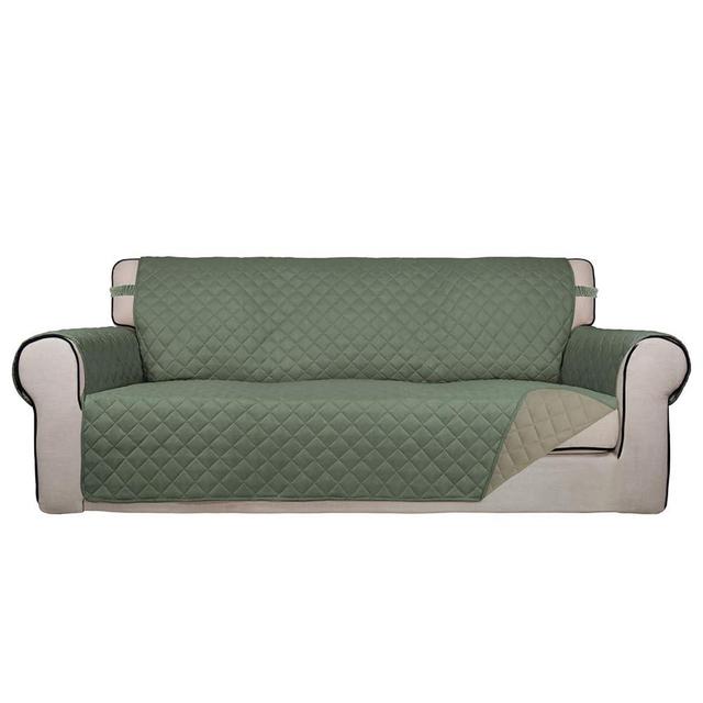 PureFit Reversible Quilted Sofa Cover, Water Resistant Slipcover Furniture Protector, Washable Couch Cover with Non Slip and Elastic Straps for Kids, Pets (Oversized Sofa, Greyish Green/Beige)